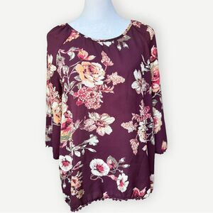 Xhilaration Maroon Floral Flowy Relaxed Fit Semi Sheer Blouse. Top. Medium.